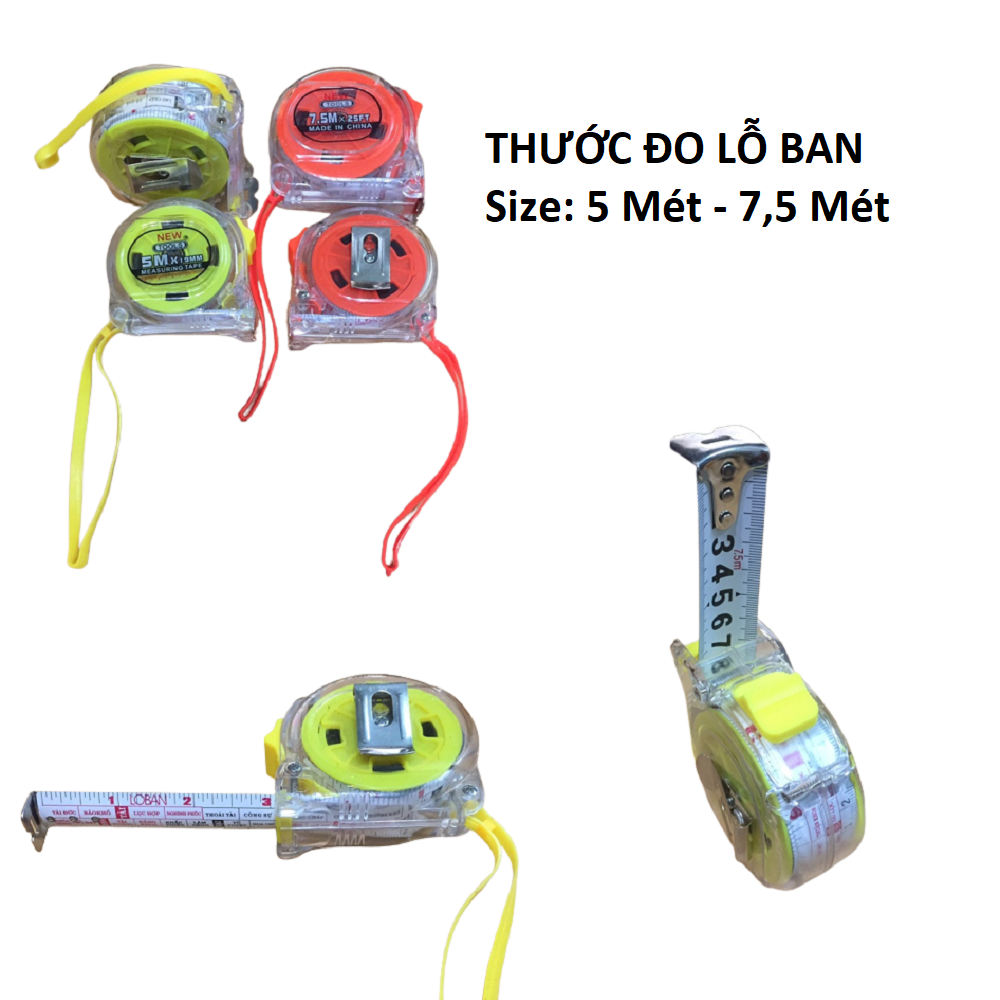 Thước đo 5 mét, 7,5 mét có lỗ ban, thước kéo nhựa trong