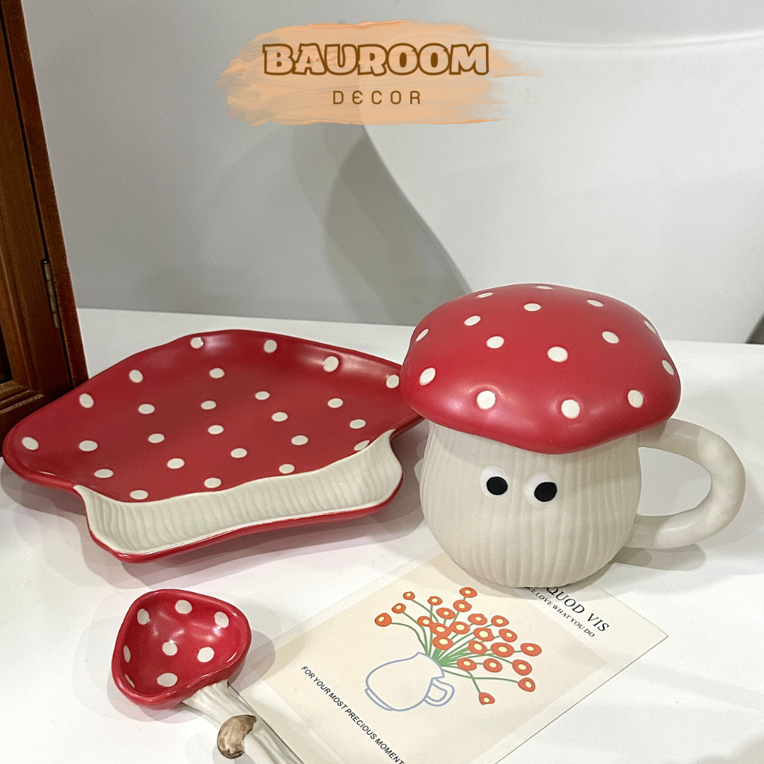Ly sứ có nắp đĩa sứ muỗng sứ tạo hình nấm dễ thương decor bàn ăn thêm ấn tượng