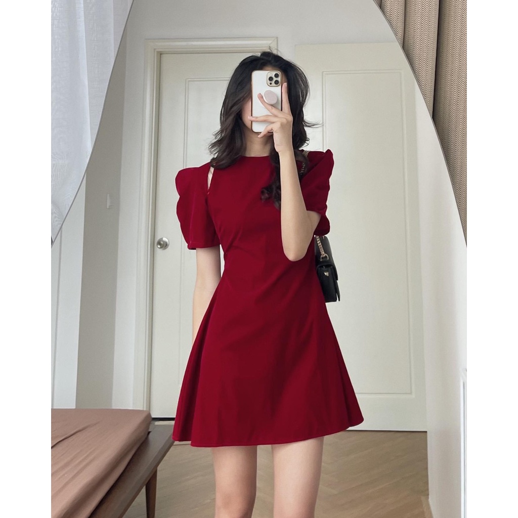 Váy nhung đỏ mặc Tết, Noel dáng xòe tay bồng