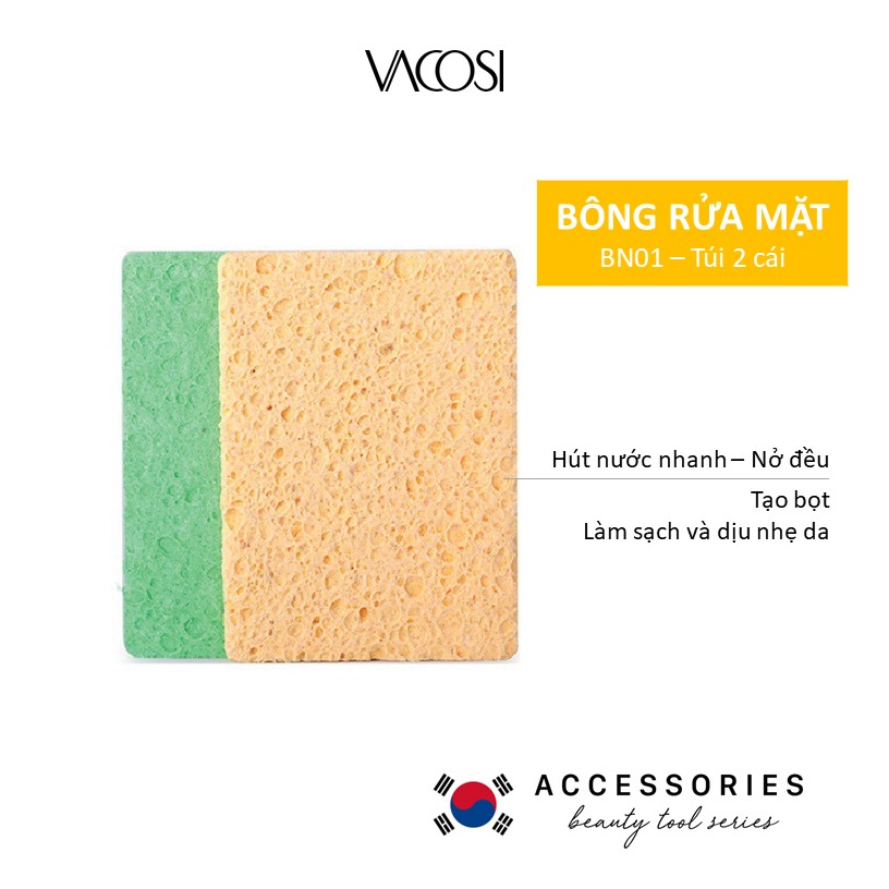 Bông Nở Rửa Mặt VACOSI Cleansing Sponge - Tạo Bọt, Mềm Mại BN01 Bịch 2 cái