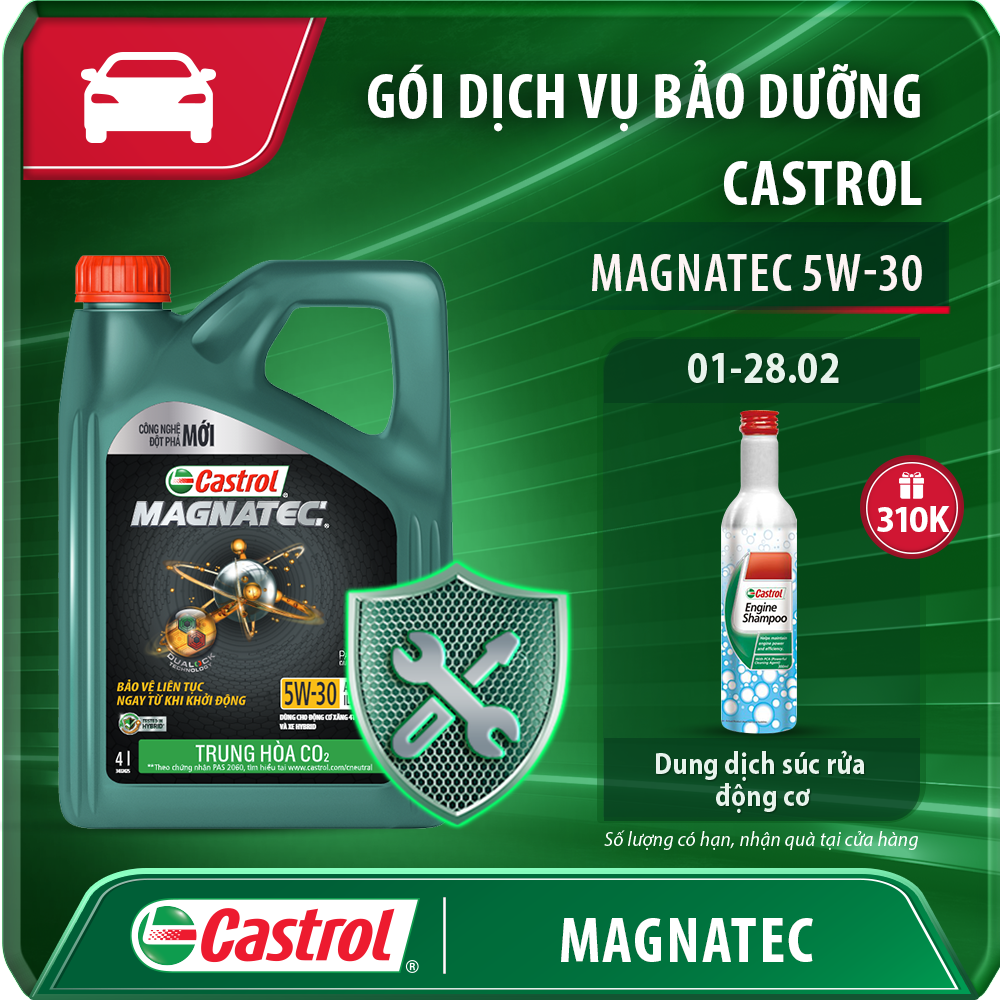 [HCM + HN] E-Voucher gói dịch vụ bảo dưỡng Castrol kèm 1 chai Dầu nhớt động cơ ô tô Castrol  MAGNATEC 5W-30 (4 lít)
