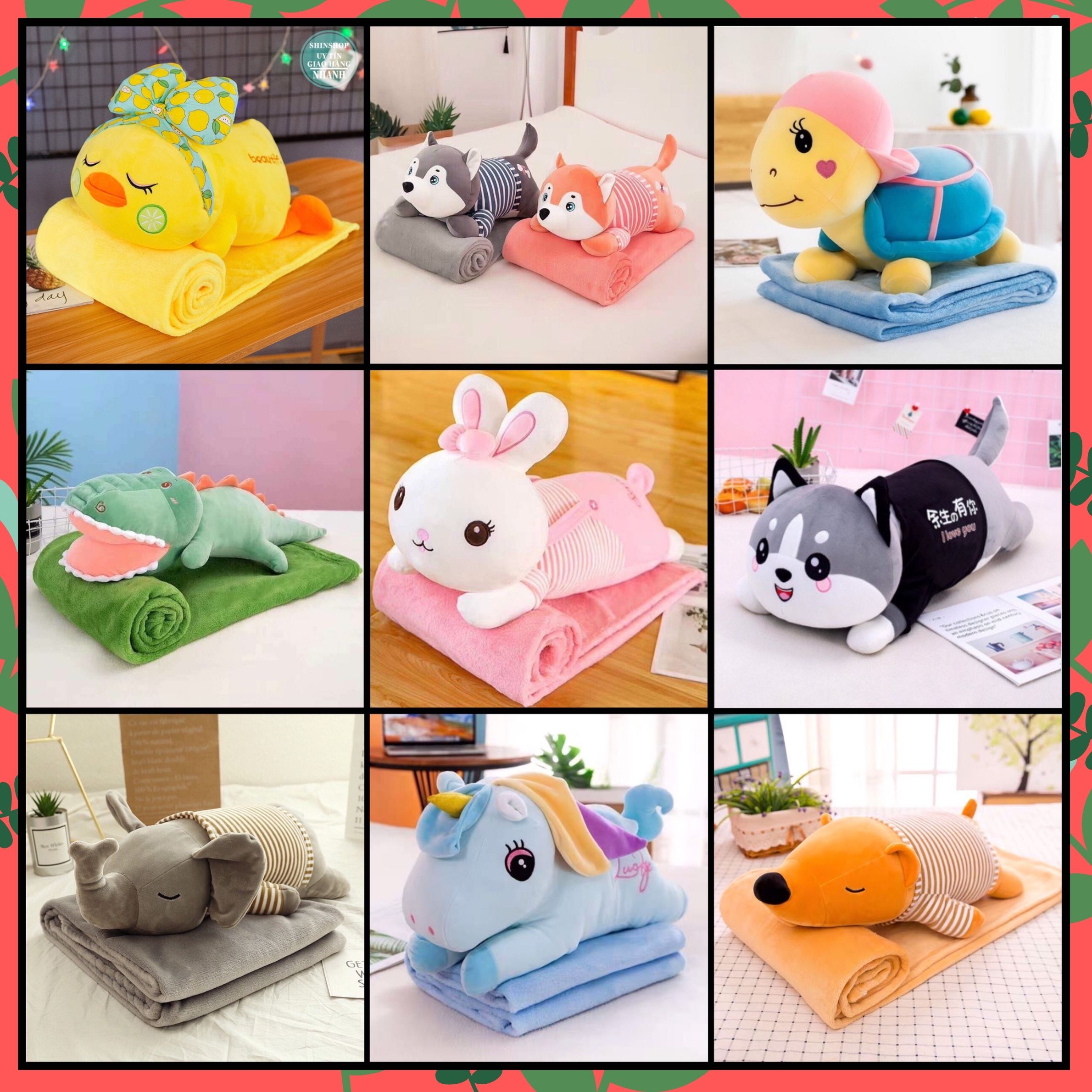  Gấu bông có chăn chăn gối văn phòng thú dài quà tặng Bộ chăn gối có chăn vịt rùa thỏ husky 