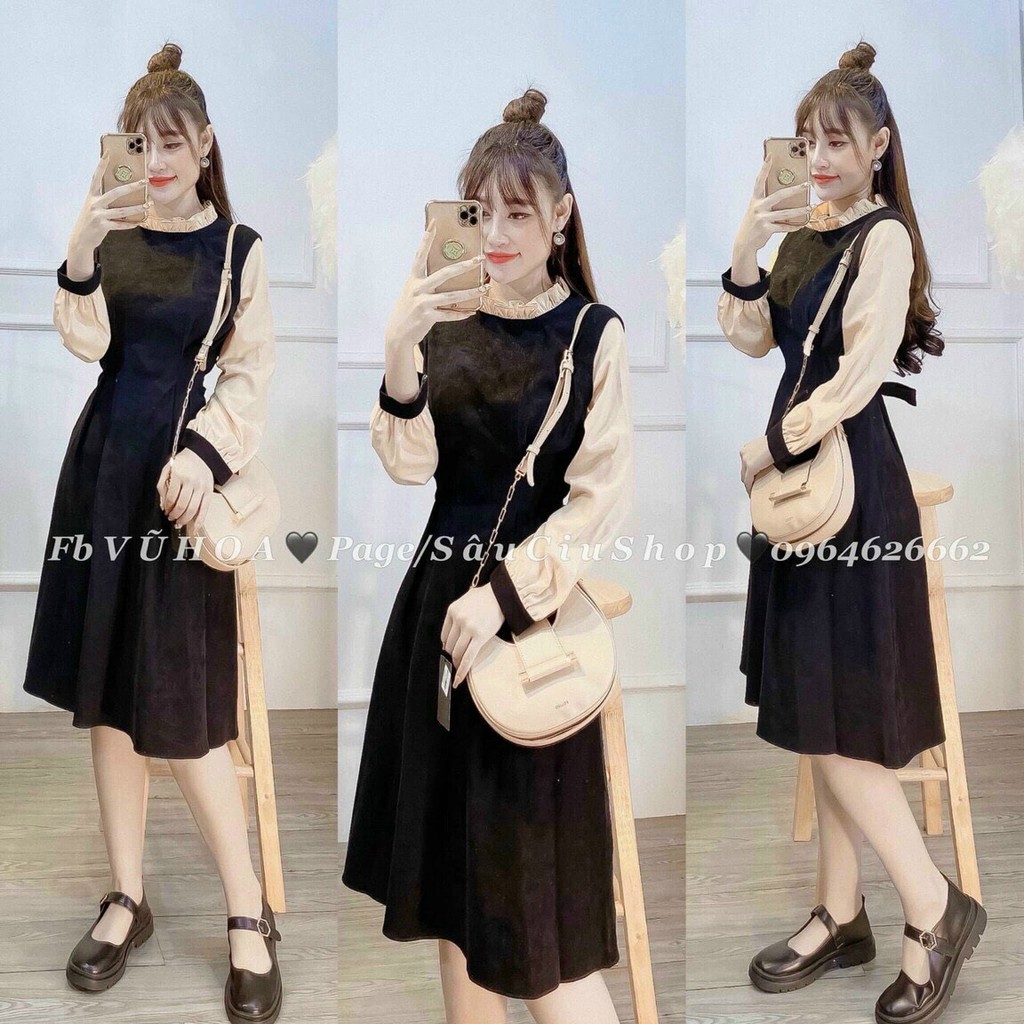 Đầm suông phối màu tay dài cổ tròn DUTIEC55