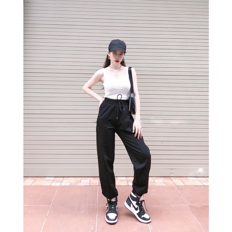 Quần jogger nữ ống rộng thun cạp chun bo gấu gân giữa chất da cá cao cấp Q82