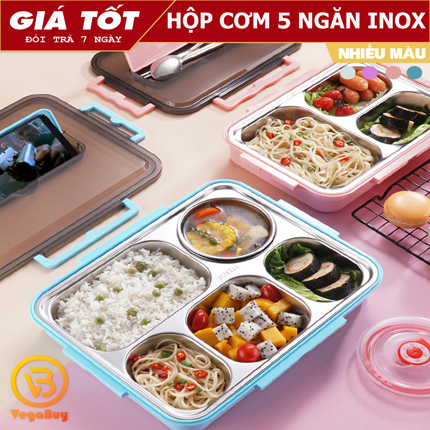 Hộp Cơm Văn Phòng Khay Inox 5 Ngăn Có Bát Để Canh Bọc Nhựa Bên Ngoài - Có Giá Điện Thoại Tặng Thìa Đũa Inox Cao Cấp (Màu Ngẫu Nhiên)