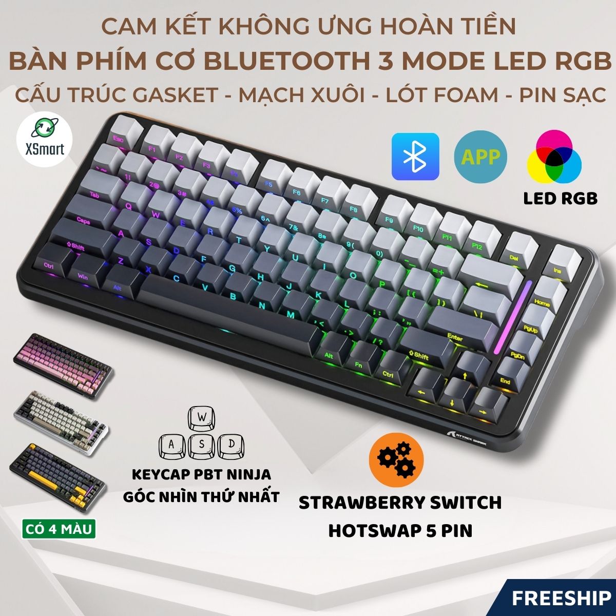 Bàn Phím Cơ Bluetooth Vi Tính Attack Shark M86 Pro LED RGB Có App Macro 3 Mode Hotswap Pin Sạc