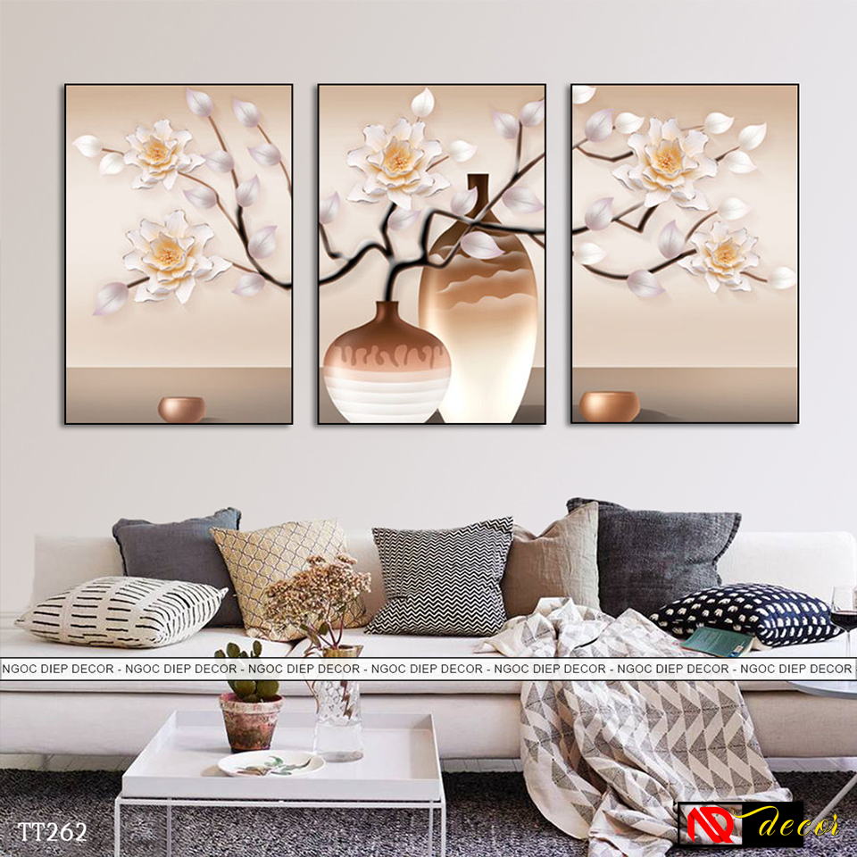 Tranh treo tường 3D lọ hoa mai trang trí TT262, tấm tranh đặc dày 1cm in sắc nét bo viền cao cấp, kèm đinh treo 3 chân