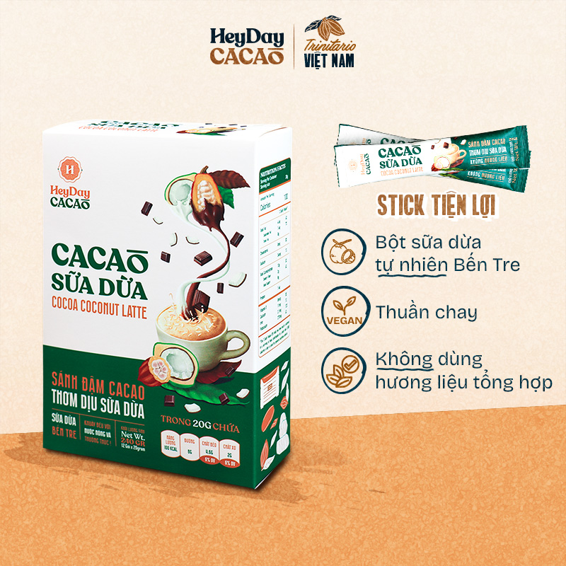 Bột Cacao Sữa Dừa Heyday - Hộp Giấy 12 Gói x 20g  - Bột sữa dừa tự nhiên, Thuần chay - Đậm vị cacao, thơm béo sữa dừa