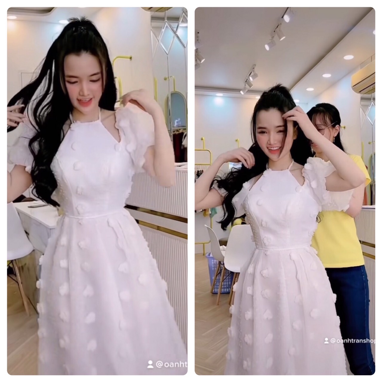 Đầm cổ yếm tơ lông thiết kế, đầm bánh bèo cực xinh sang chảnh dự tiệc
