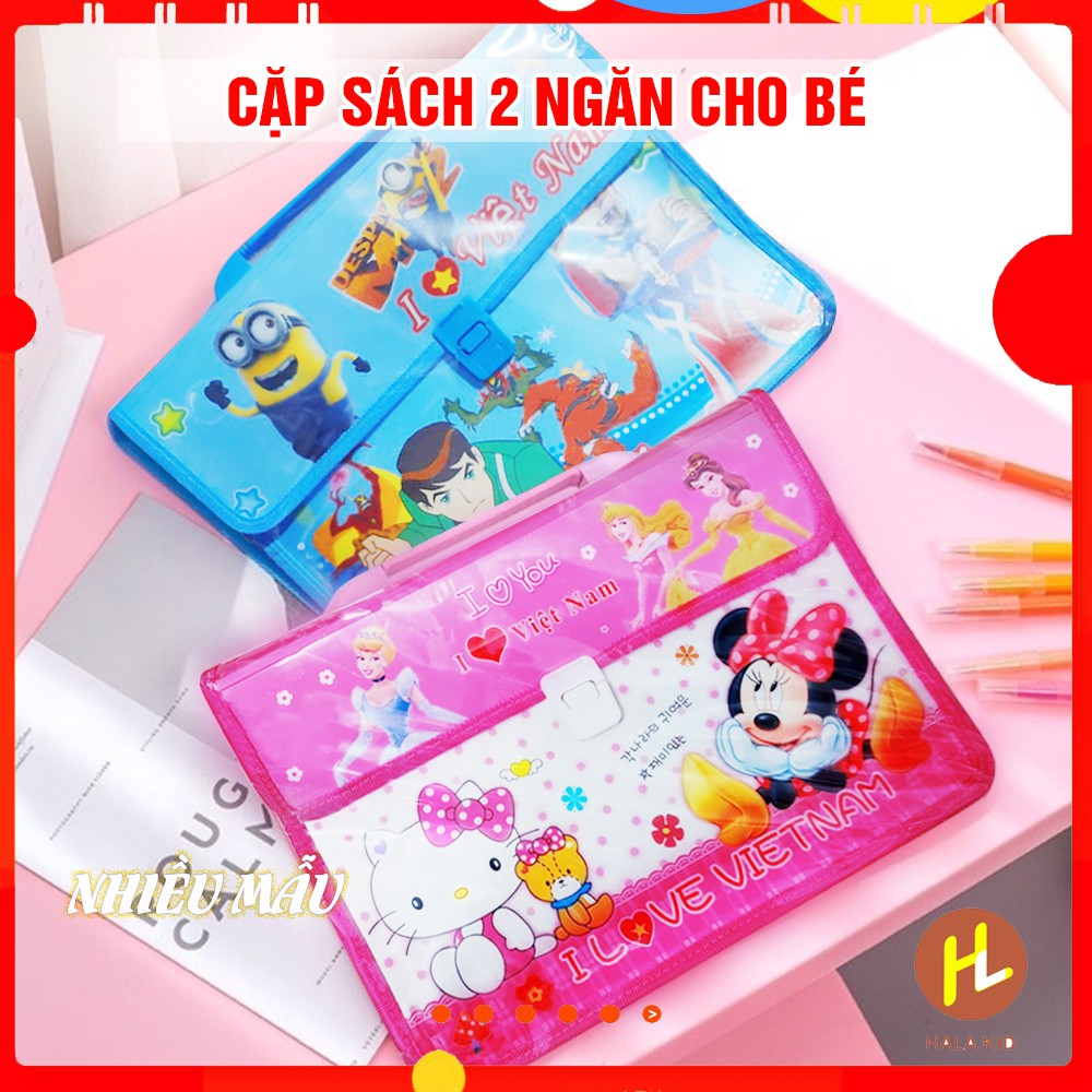 Cặp sách nhựa 2 ngăn HOẠT HÌNH chống thấm cho bé tiểu học đi học thêm- Hala Kid QATE0107