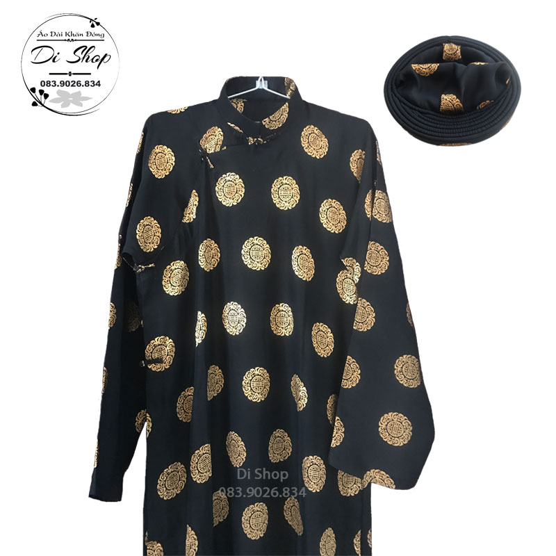 Áo dài khăn đóng truyền thống nam (áo dài + khăn đóng) vải lụa Thái Tuấn chính hãng cao câp (Mới) - MÀU ĐEN BÔNG VÀNG