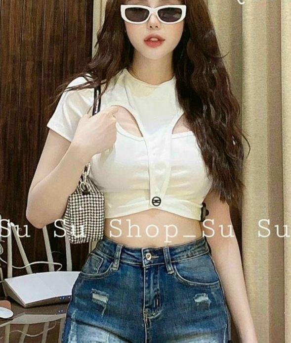 Áo kiểu croptop khoét túm 1 nút ngực xinh cá tính
