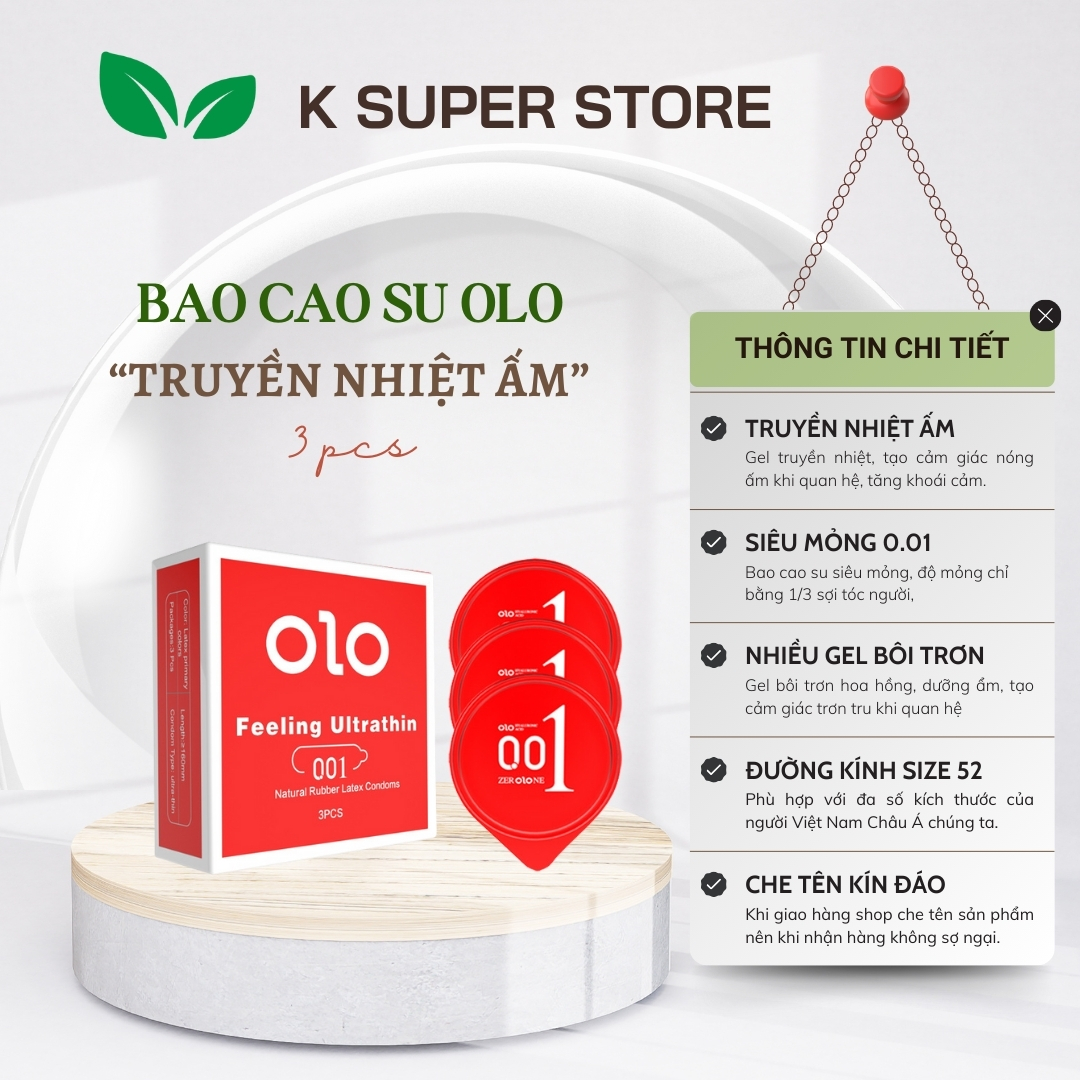 Bao cao su olo siêu mỏng truyền nhiệt x2 gel bôi trơn gốc nước hộp 03 bcs