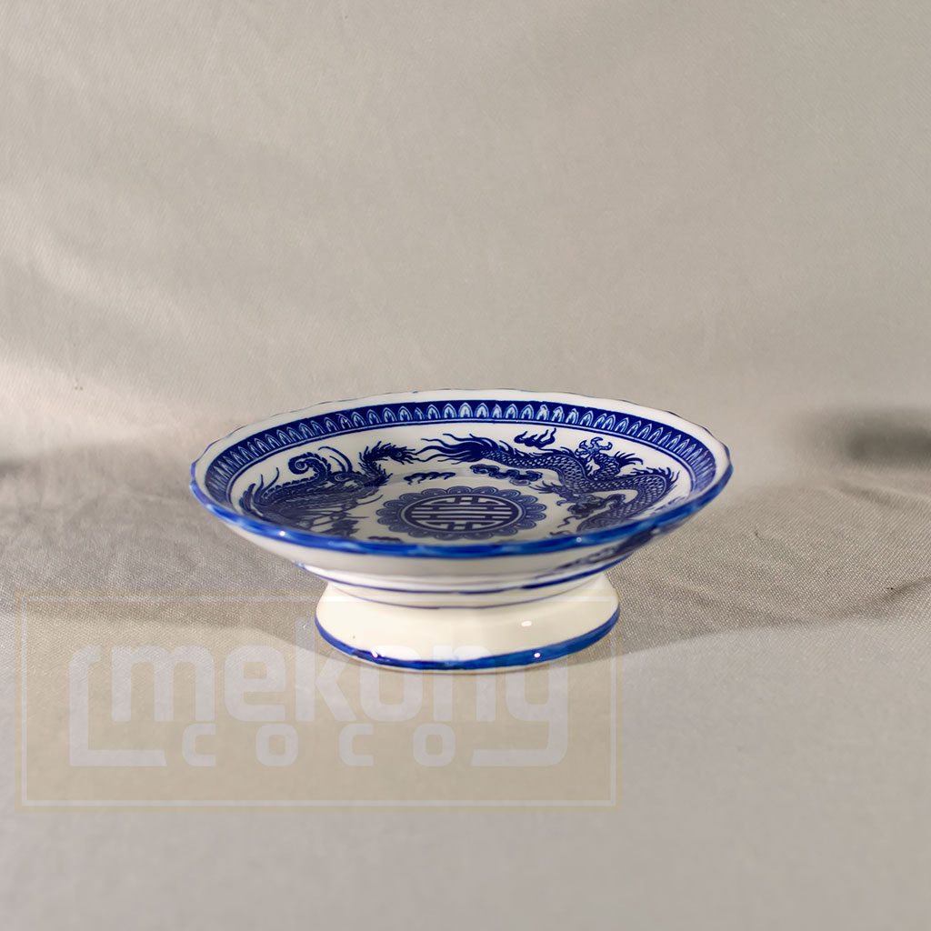 Đĩa chưng trái cây ngũ quả bàn thờ song long tranh châu gốm sứ Nam Bộ men bóng 15.5cm