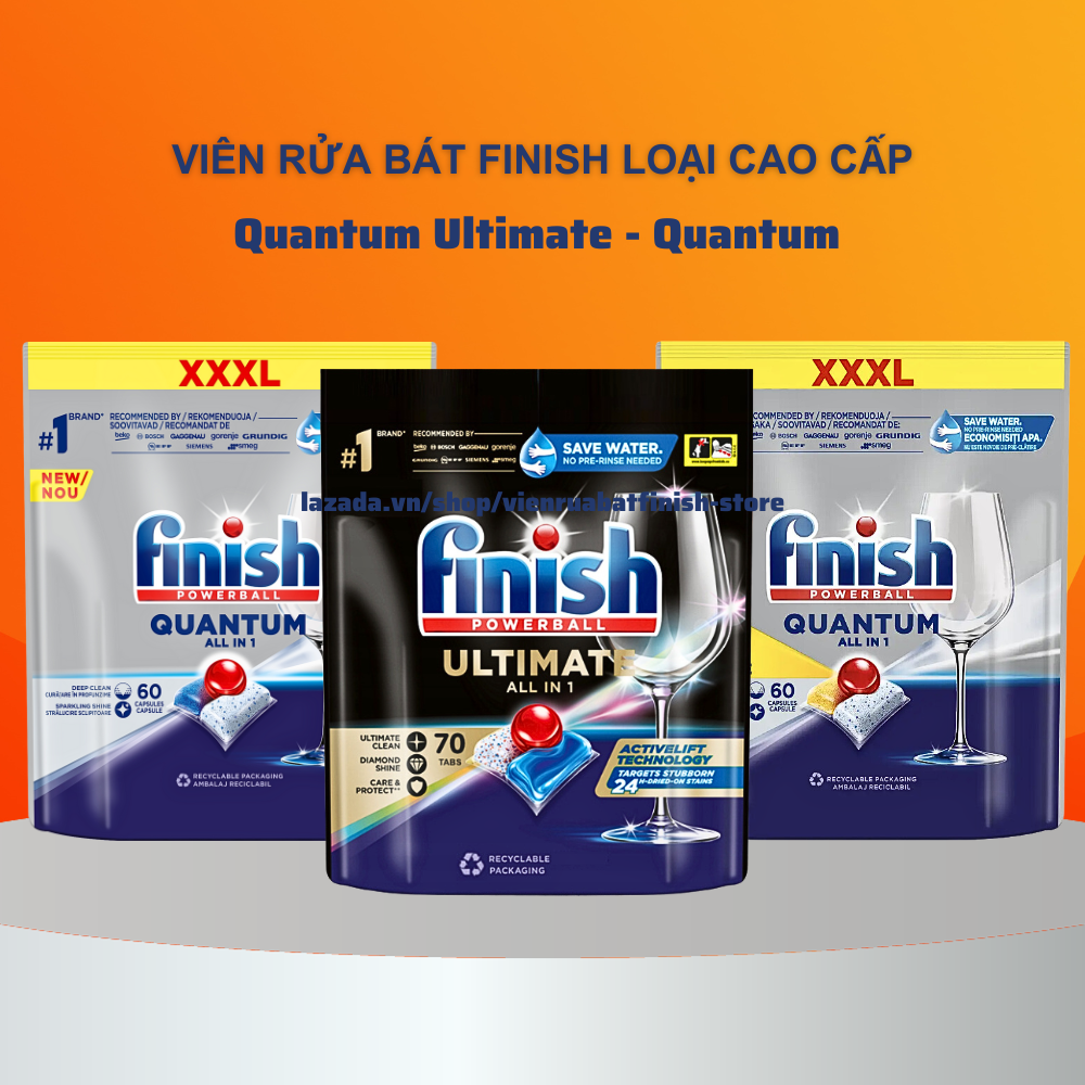 Viên rửa bát Finish Quantum Max Ultimate Plus 70 60 Viên Muối bóng vệ sinh máy finish Loại Rửa Cực mạnh