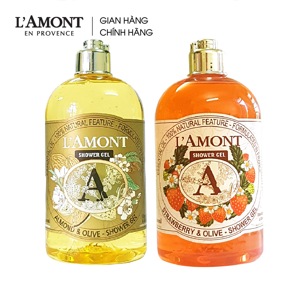Combo Sữa tắm L'Amont En Provence Almond hương hạnh nhân 500ml và Sữa tắm L'Amont En Provence Strawberry hương dâu tây 500ml