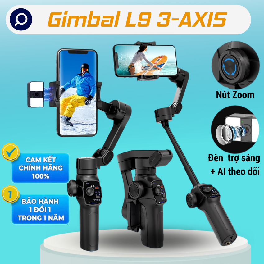 Gimbal AI Chống Rung, Gậy Quay Phim 3-Axis L9, Gimball Chống Rung Điện Thoại, Tay Cầm Gimbal Chống Rung, Gimble Quay Phim, Chụp Ảnh Du Lịch, Nâng Cấp AI Theo Dõi Thông Minh Và Đèn Led trợ sáng, tùy chỉnh độ dài