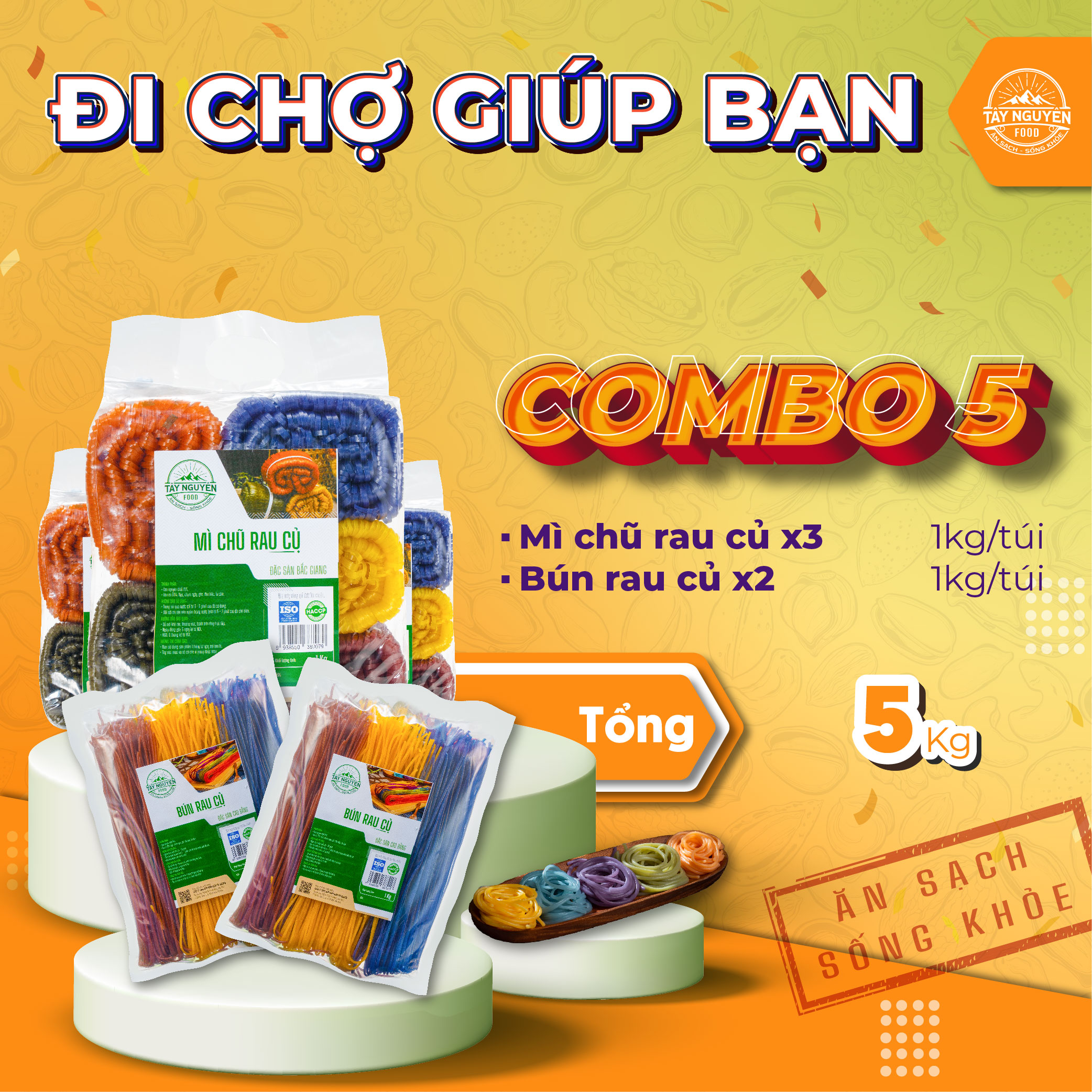 Combo đi chợ 5 tây nguyên food – việt nam 5kg: bún rau củ và mì chũ rau củ 5 vị