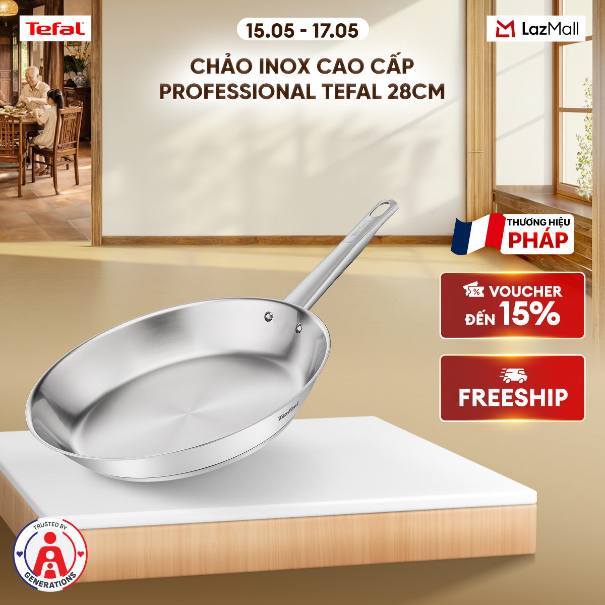 Chảo Inox 18/10 cao cấp Professional Tefal B9210655 28cm