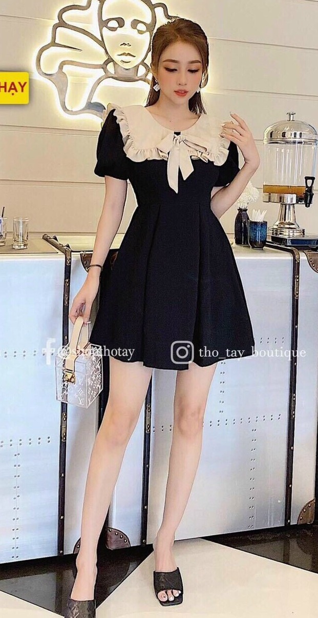 Đầm cổ phối bèo dễ thương thời trang dạo phố dự tiệc cao cấp