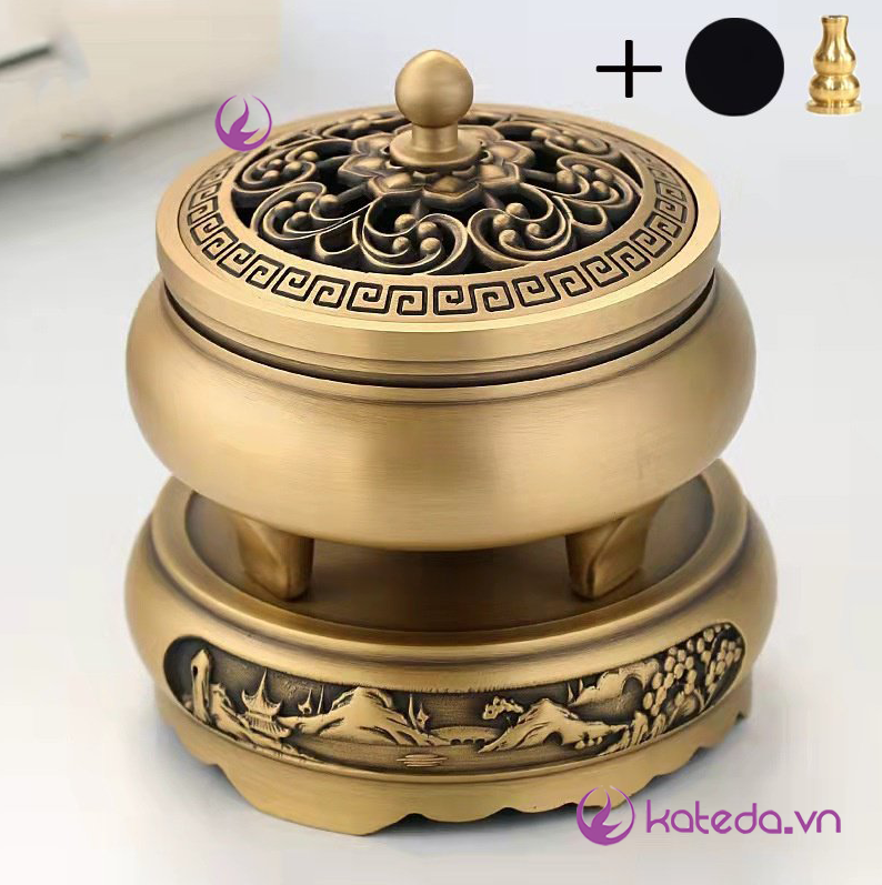 Lư đồng xông trầm hương kateda shop, đồng nguyên khối, thiết kế sang trọng
