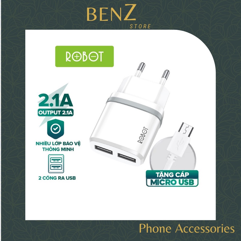 Củ sạc, cốc sạc cổng usb robot rt-k9/ rt-k7 2.1a kèm cáp micro 1m hàng chính hãng bảo hành 12 tháng 1 đổi 1 benz store