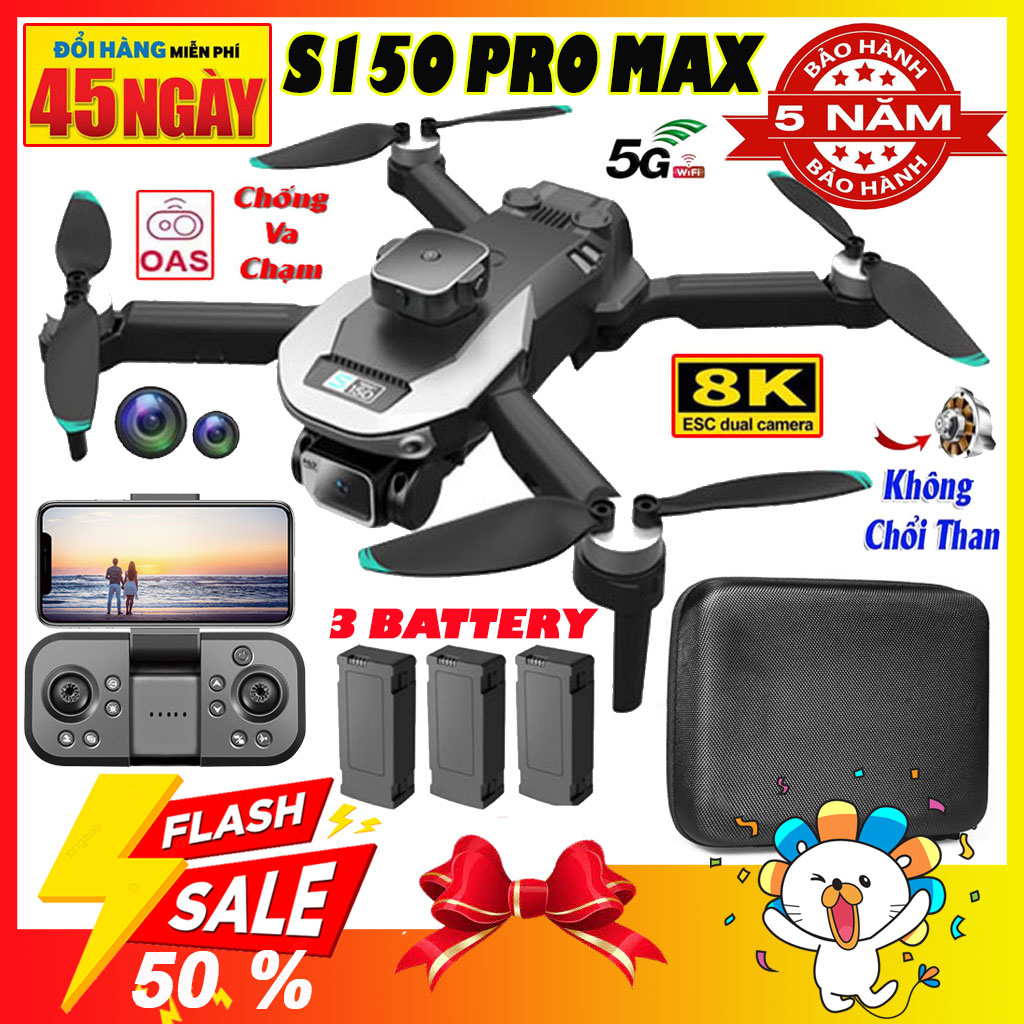 Flycam S150 Pro Max Plycam động cơ không chổi than Cảm biến chống va chạm 4 chiều Flycam camera kép 8K Tầm xa 2000m bay 30 phút.