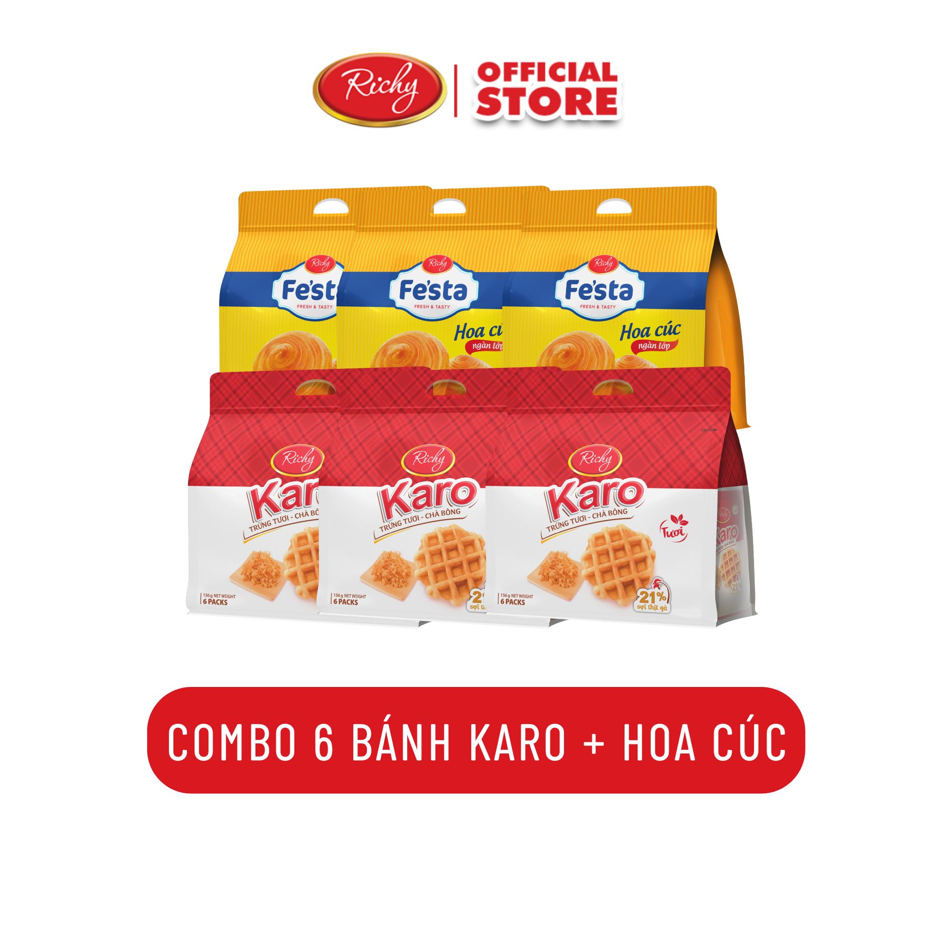Combo 3 bánh karo sợi gà + 3 bánh mì hoa cúc, bánh tươi ngàn lớp, bánh ăn sáng, HSD 35-45 ngày từ NSX - Bánh kẹp Richy
