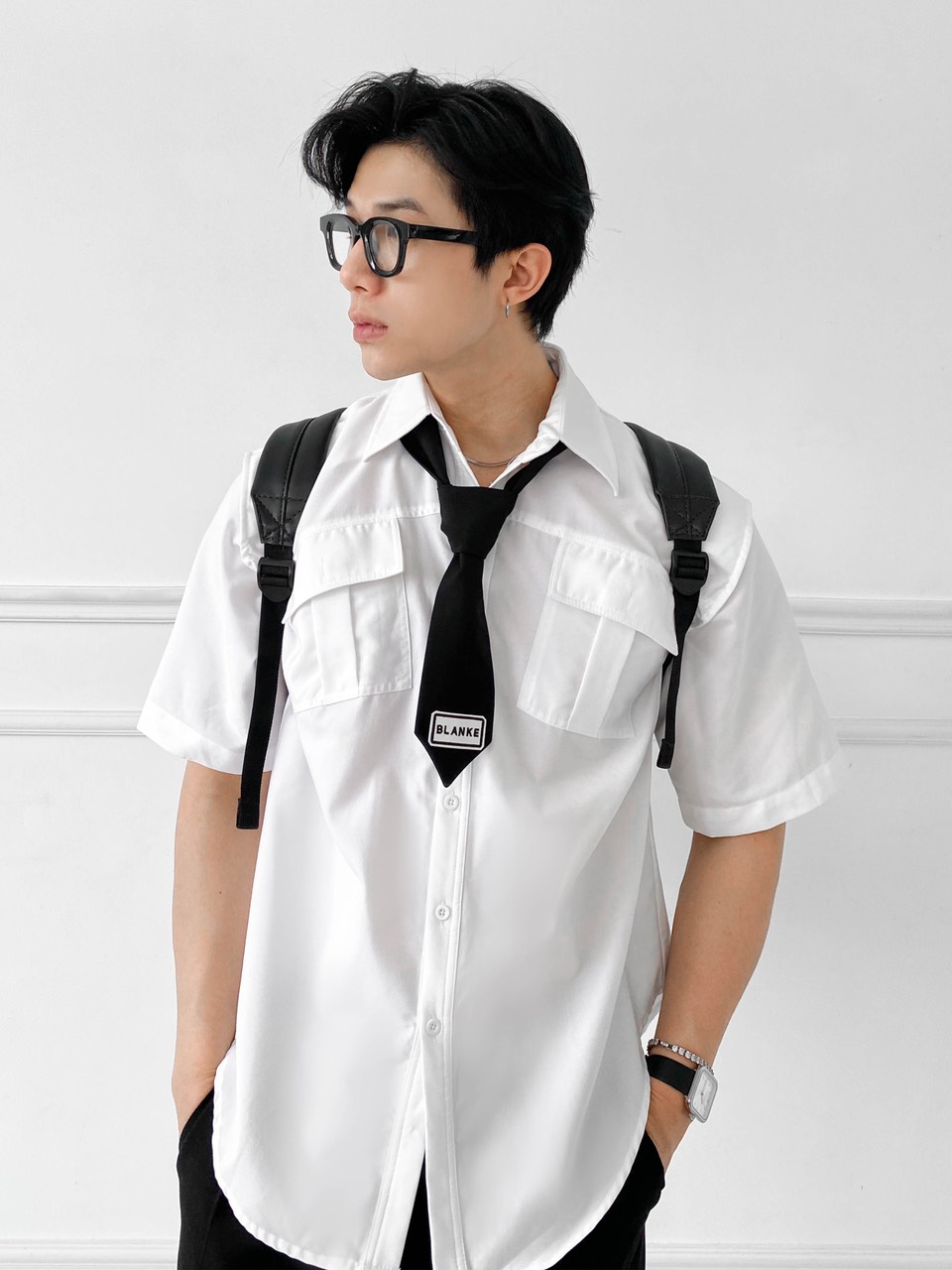 Blankespace áo sơ mi tay độn blanke signa shirt vải kaki kèm caravat tháo rời thời trang nam nữ unisex