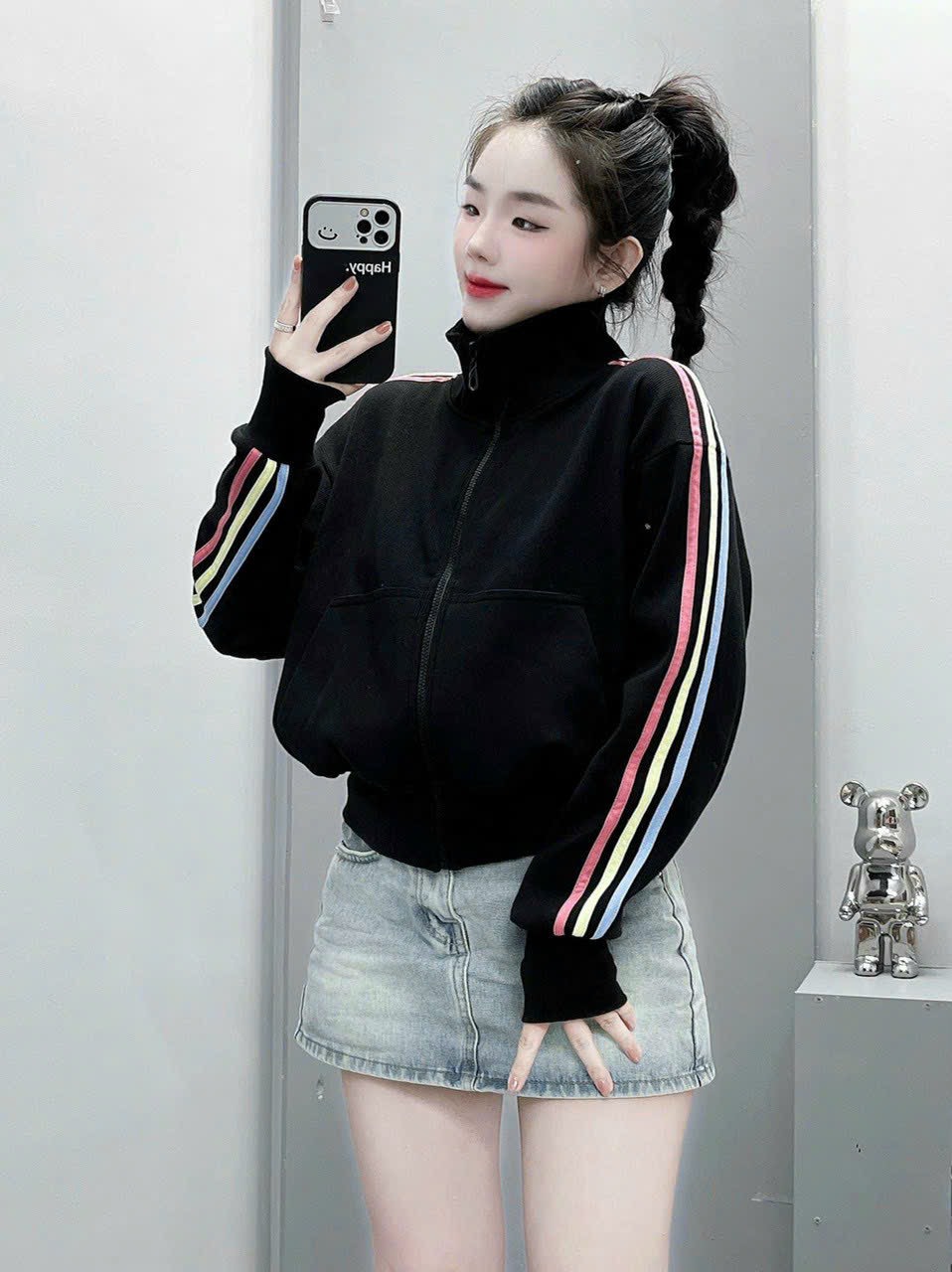 [HCM] Áo khoác nữ nỉ ngoại 2 lớp form lửng tay phồng phối sọc tay cầu vồng đẹp cổ trụ giá rẻ - U53