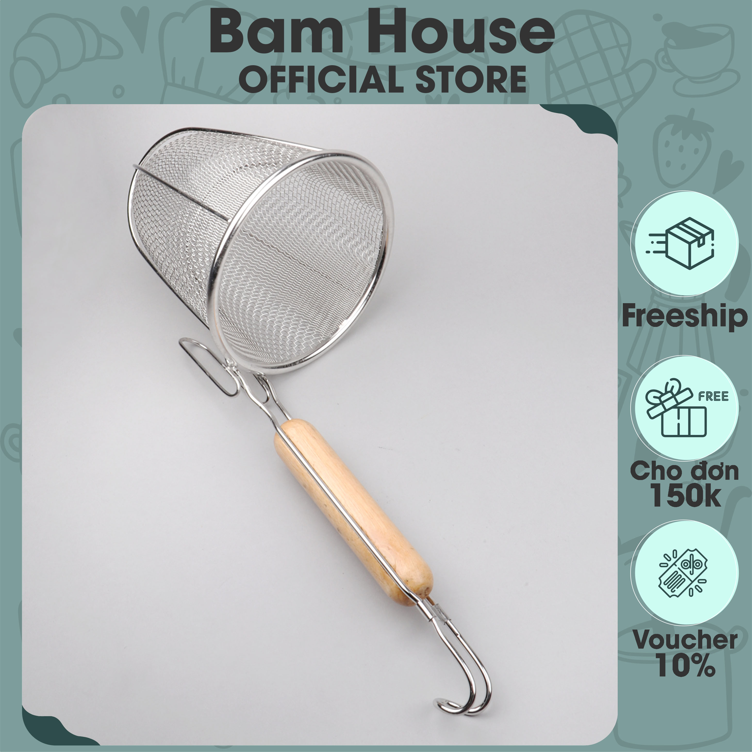 Vá trụng hủ tiếu mì inox Bam House cán gỗ nhiều kích thước cao cấp VT01 – Bam House