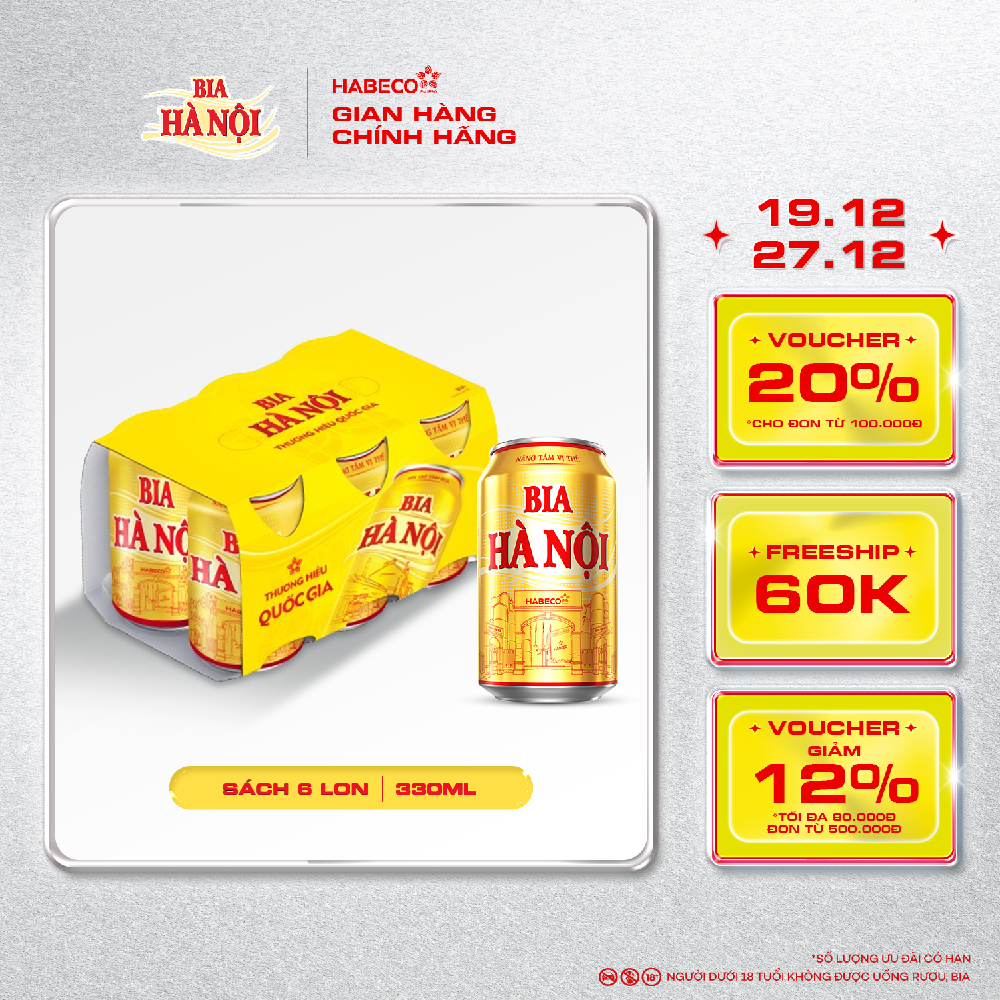 Lốc 6 lon Bia Hà Nội - HABECO 330ml lon