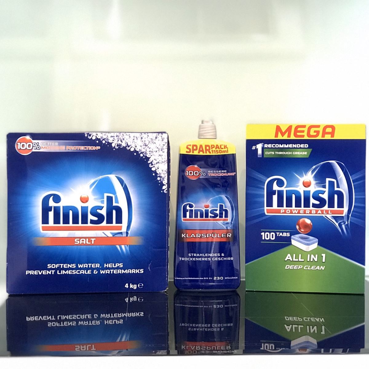 Combo: Viên Finish All in one 100 viên + Muối Finish 4.0kg + Nước làm bóng Finish 1150ml dùng cho máy rửa bát chén