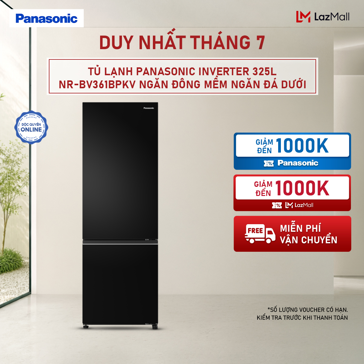 [Chỉ giao miền Bắc] Tủ lạnh Panasonic Inverter 325L NR-BV361BPKV Ngăn Đông Mềm Ngăn Đá Dưới