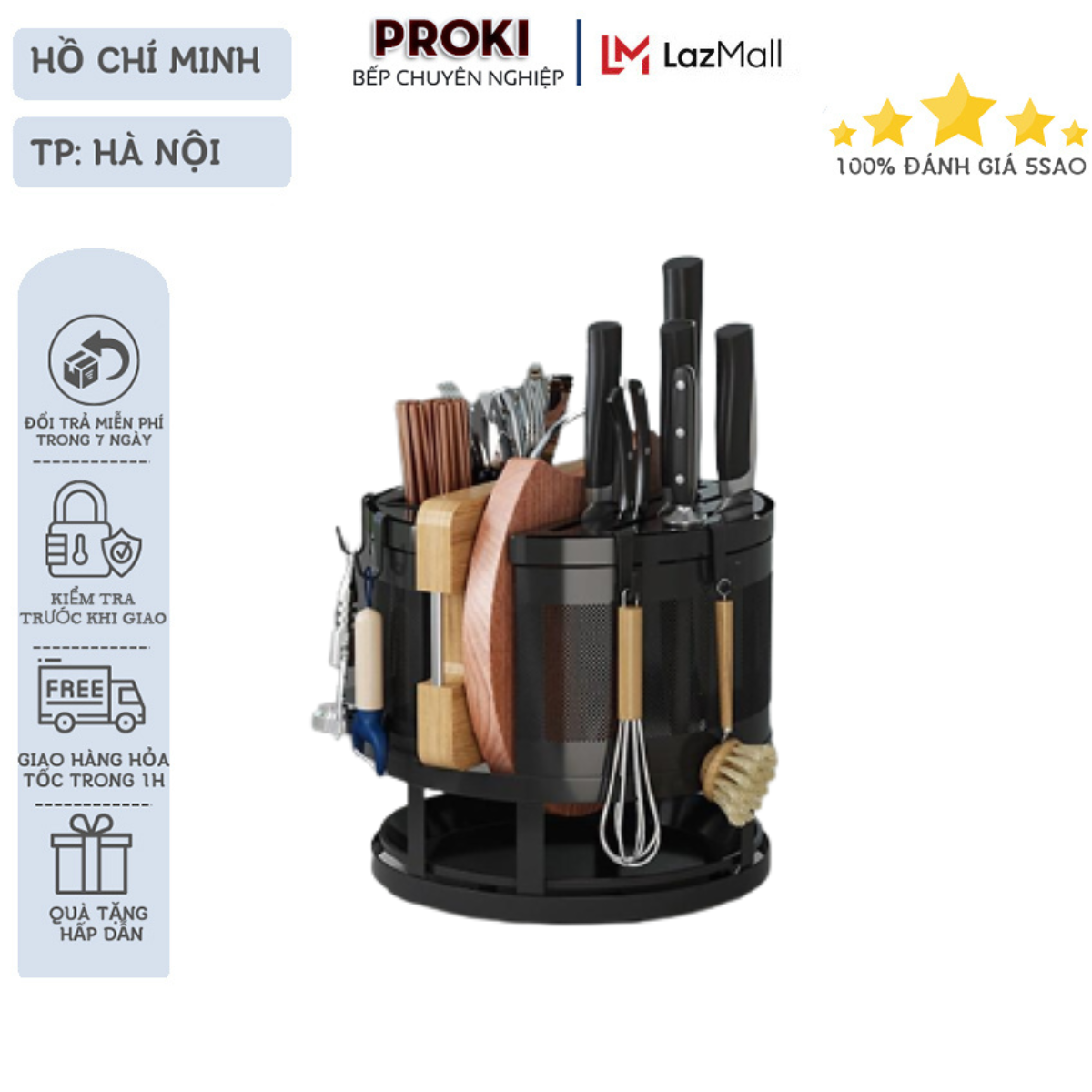 Kệ dao thớt xoay 360 độ - Thép chống gỉ sơn tĩnh điện 5 lớp, Kệ để dao thớt nhà bếp bằng thép chống gỉ, Kệ để dao thớt xoay tròn 360 độ chống gỉ, kệ để dao thớt thiết kế thông minh xoay 360 độ - Proki