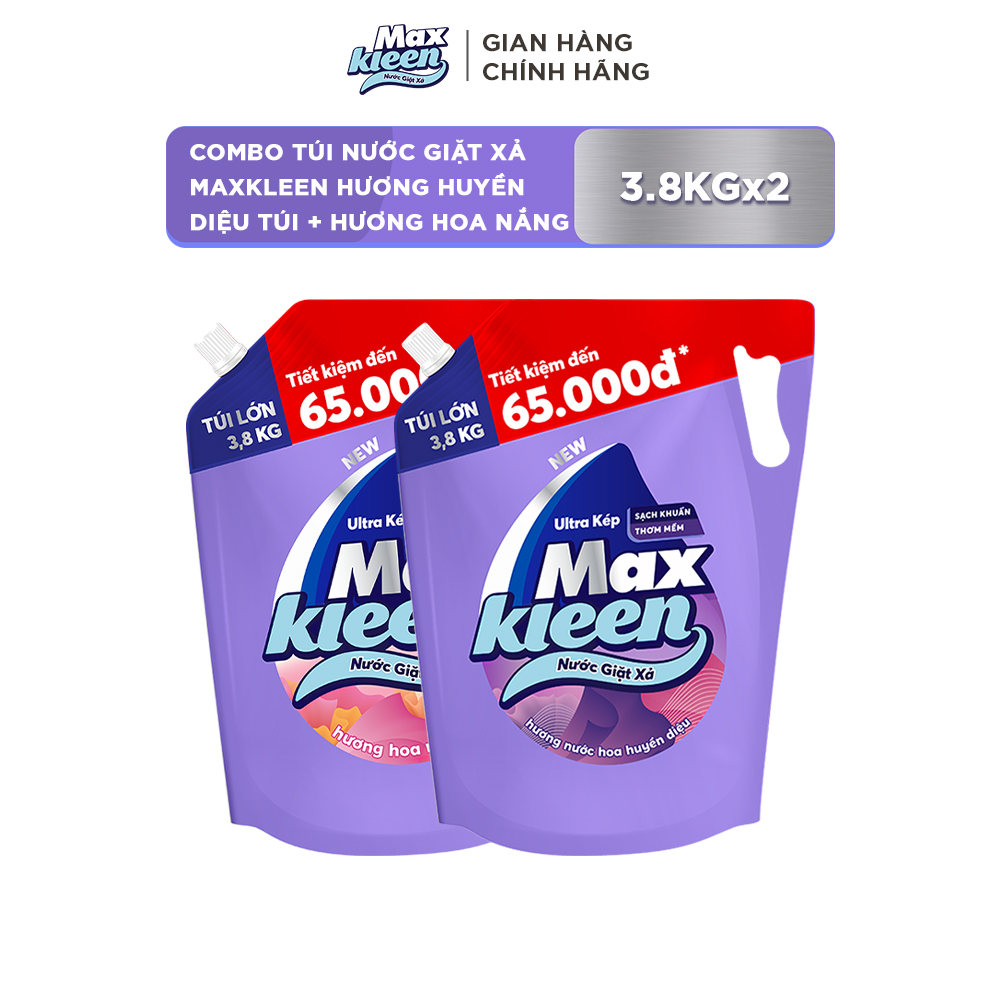 Combo Túi Nước Giặt Xả MaxKleen Hương Huyền Diệu Túi 3.8kg Hương Hoa Nắng 3.8kg