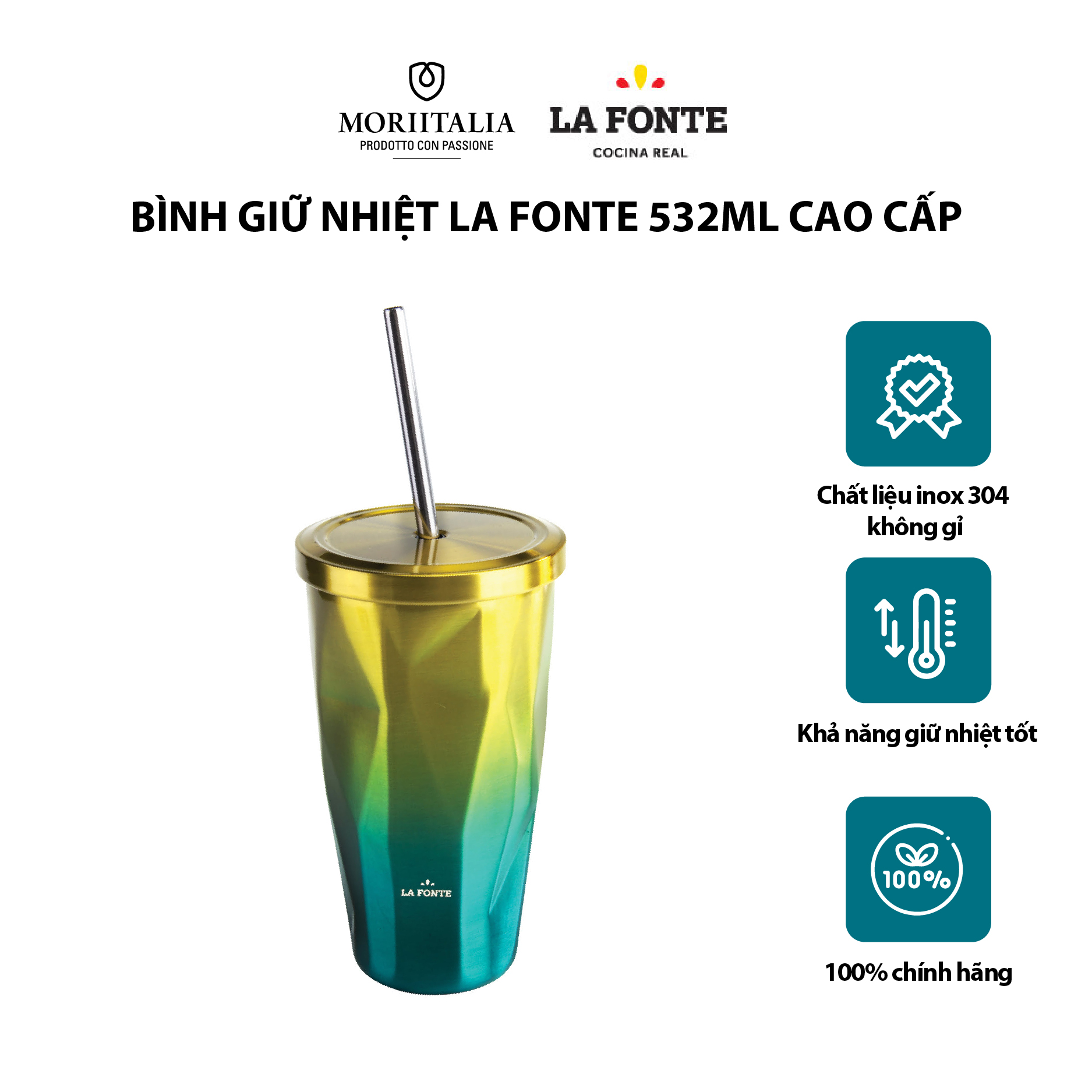 Bình giữ nhiệt inox La Fonte giữ nóng lạnh nhiều giờ dung tích 532ml hàng cao cấp chính hãng Moriitalia 007443
