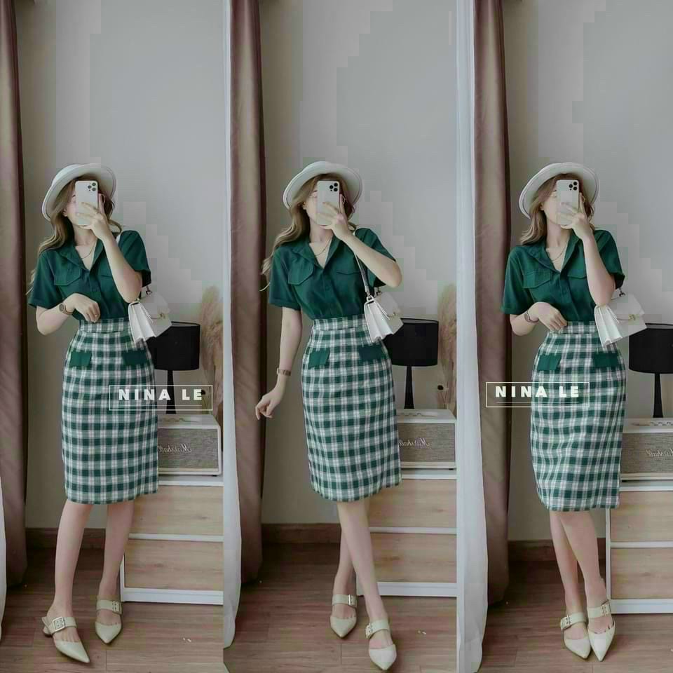 [Mẫu Mới] Sét Bộ Chân Váy Áo Cài Nút Thật Tay Ngắn Chân Váy Suông Phối Sọc Xinh Xắn Thật Sự Thích Hợp Cho Nàng Đi Đến Công Sở,Đi Làm Thời Trang Nữ THỊNH KENT.
