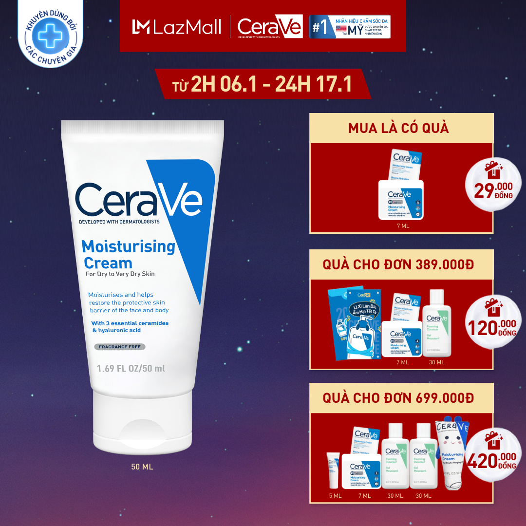 Kem dưỡng ẩm phục hồi chuyên sâu và giữ da ẩm mịn suốt 48H CERAVE MOISTURISING CREAM 50ML