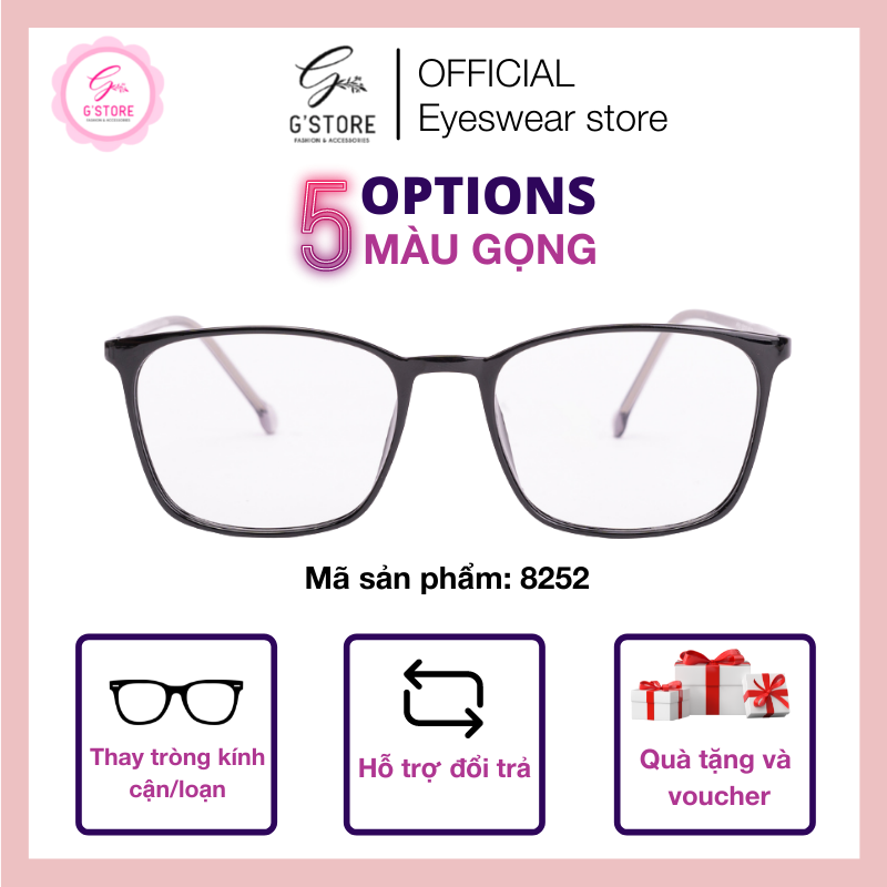 Kính mắt nữ vuông dễ đeo bền đẹp [G'Store] Gọng kính vuông nhựa dẻo càng cốt kim loại 8252