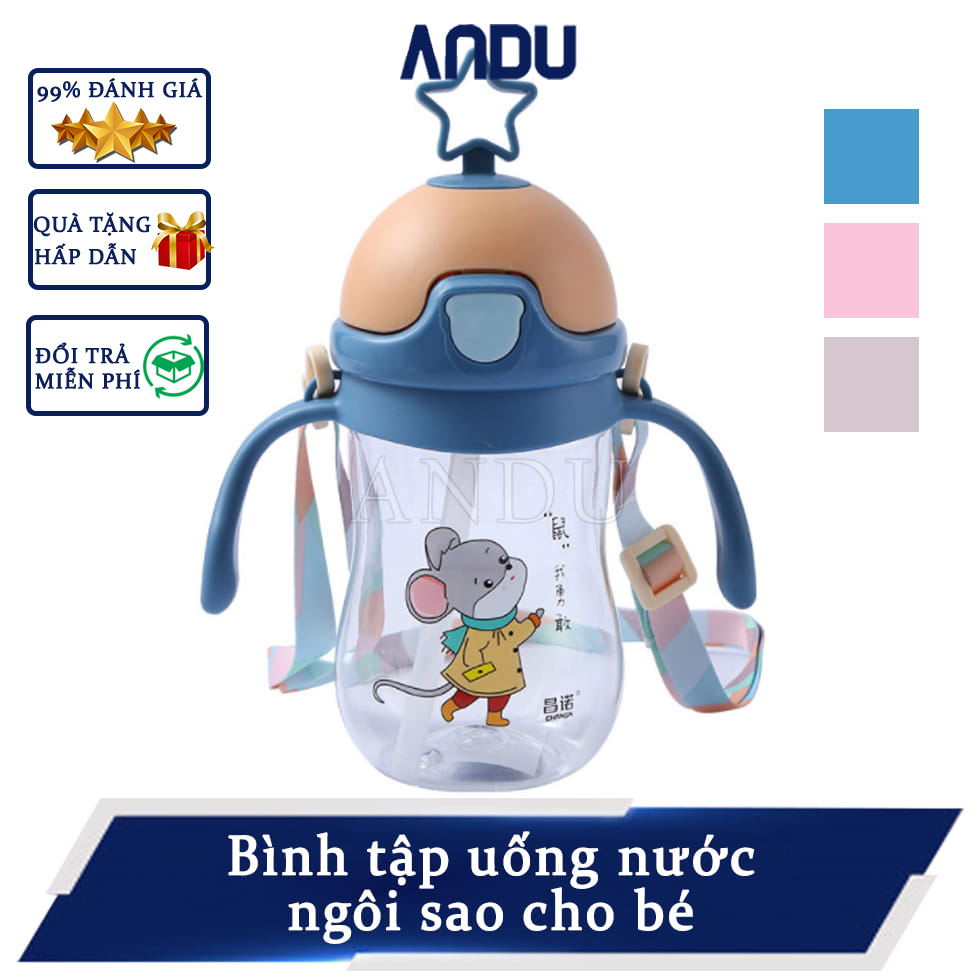 Bình Tập Uống Nước Chống Sặc Cho Bé, Bình Hút Nước Hình Tai Thỏ / Ngôi Sao 280 Ml Có Tay Cầm, Có Dây Đeo