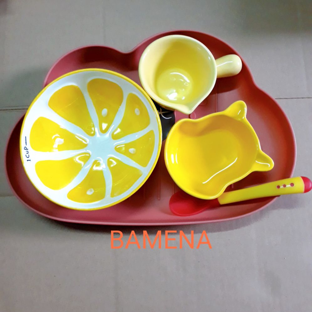 [Tặng 2 thìa] Set gốm sứ ăn dặm cho bé tông màu vàng hình trái chanh
