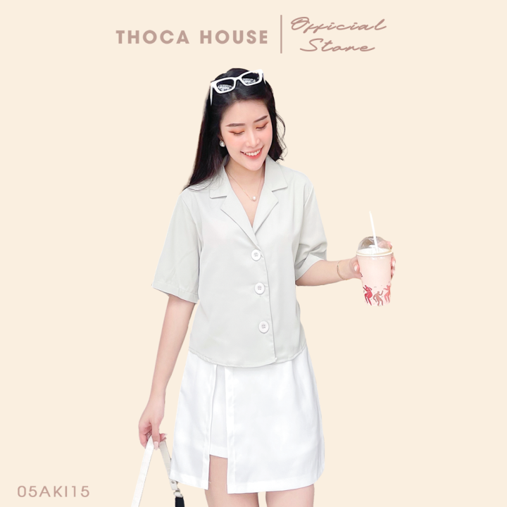 Áo sơ mi croptop cổ vest 3 nút tay ngắn THOCA HOUSE thời thượng, trẻ trung dễ phối đồ đi làm, đi chơi