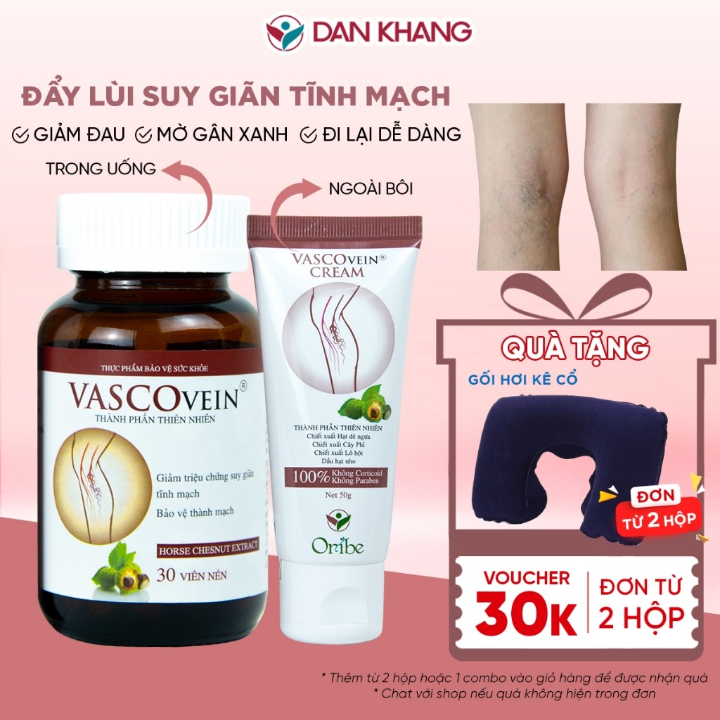 Bộ sản phẩm hỗ trợ cải thiện suy giãn tĩnh mạch, giảm sưng đau, làm mờ vết lằn do giãn tĩnh mạch vascovein