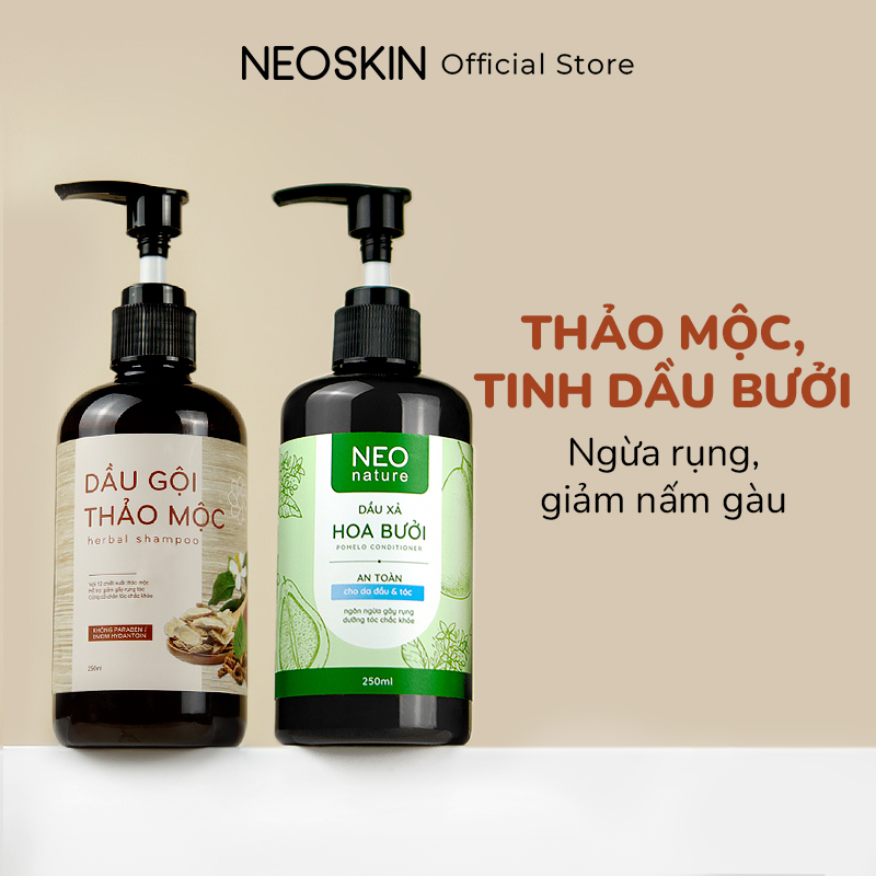 Combo dầu gội đầu thảo mộc - dầu xả hoa bưởi giúp mọc tóc, giảm rụng neoskin 250ml