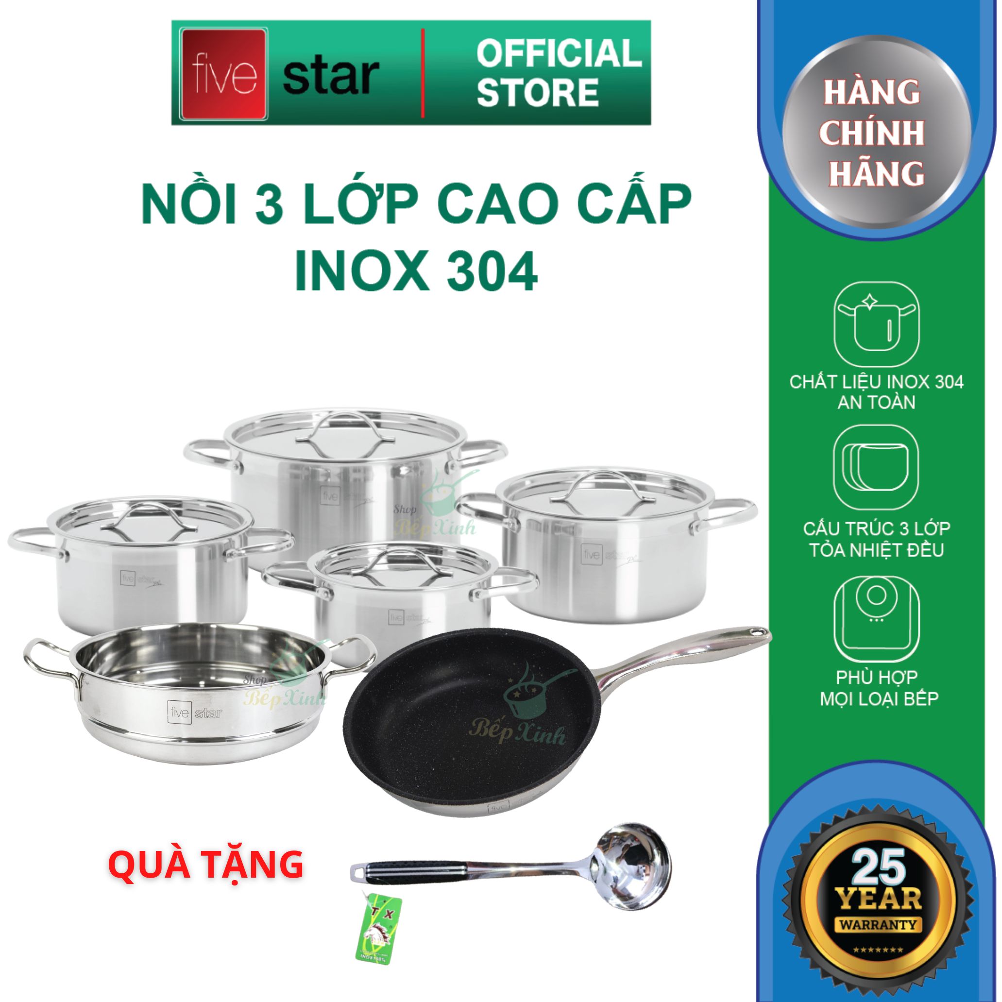 Combo bộ nồi inox cao cấp 304 và chảo chống dính vân đá  Fivestar Plus nắp inox ( tặng 1 vá canh )