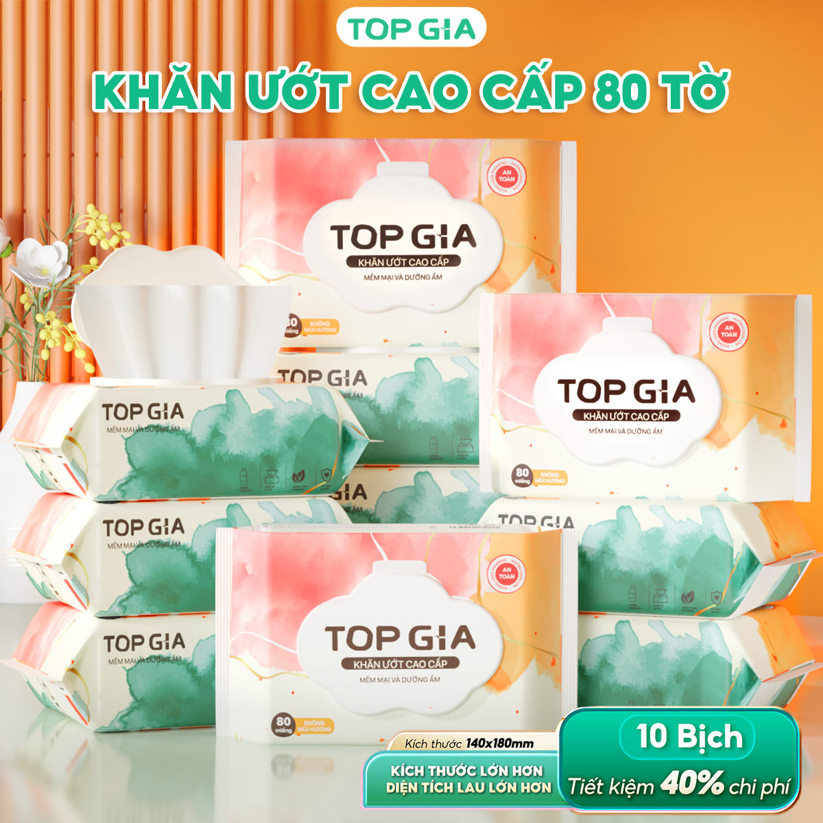   MỚI  Thùng 10 bịch Khăn ướt 80 tờ mềm mại không mùi an toàn cho mọi làn da 