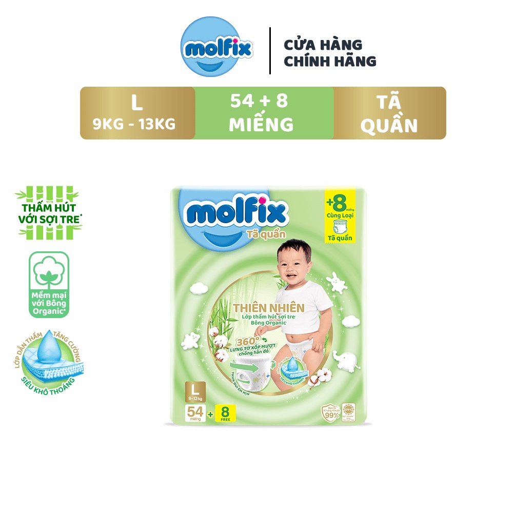 Tã quần Molfix Thiên nhiên gói Siêu Đại M62/L54/XL48/XXL44 Tặng 8 Miếng