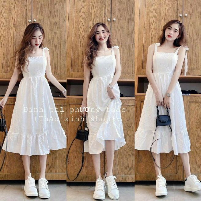 Đầm 2 dây cột nơ vải đũi siêu đẹp và sang trọng