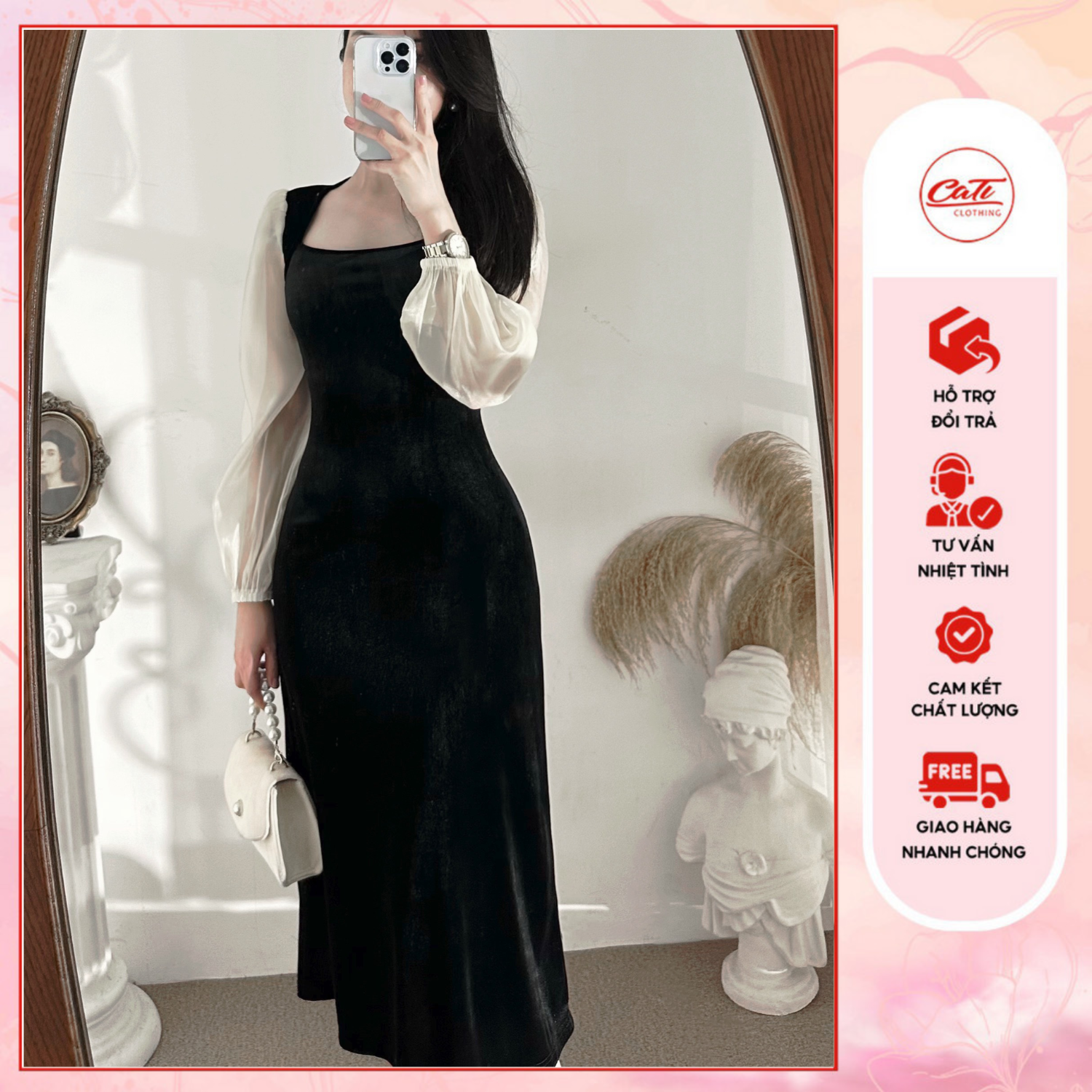 Cati đầm nhung phối tay nến trắng
